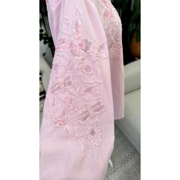 The Quacker Factory Shirt Floral Button Size M Soft Pink Sequin Embroidery Beads - Picture 14 of 15